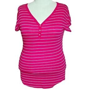 Michael Stars LG Petite Henley V Neck T Shirt Stretchy Lightweight